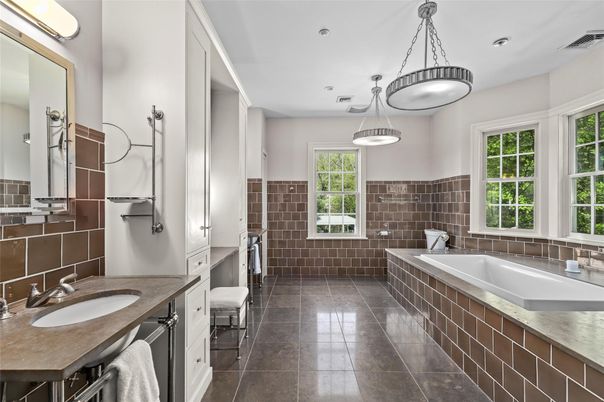 Bathroom, Dual Sink Vanities, Interior, Pendant Lights, Recessed Lighting