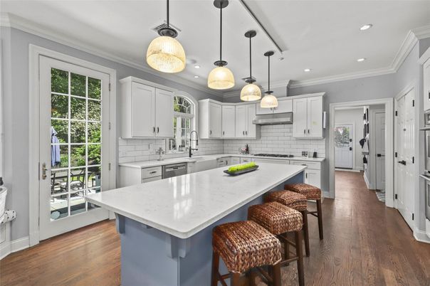 Interior, Kitchen, Pendant Lights, Recessed Lighting, Stainless Steel Appliances, Wood Texture Flooring