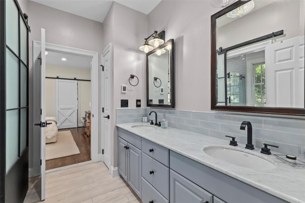 Bathroom, Dual Sink Vanities, Interior, Recessed Lighting, Wood Texture Flooring