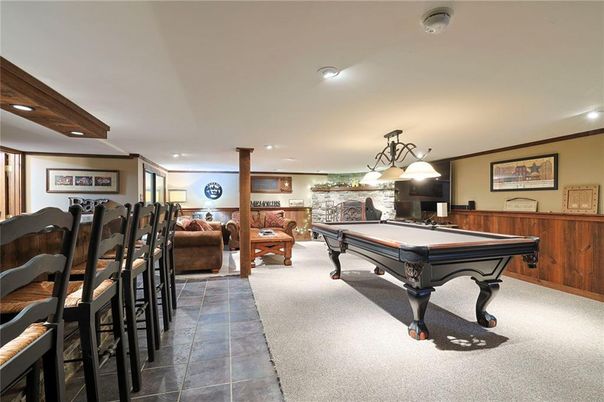 Billiard Table, Fireplace, Game Room, Interior, Living room, Pendant Lights, Recessed Lighting