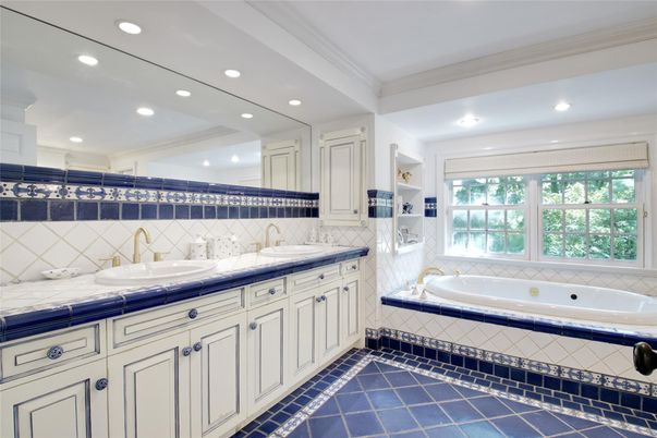 Bathroom, Dual Sink Vanities, Interior, Recessed Lighting, Tile Countertops