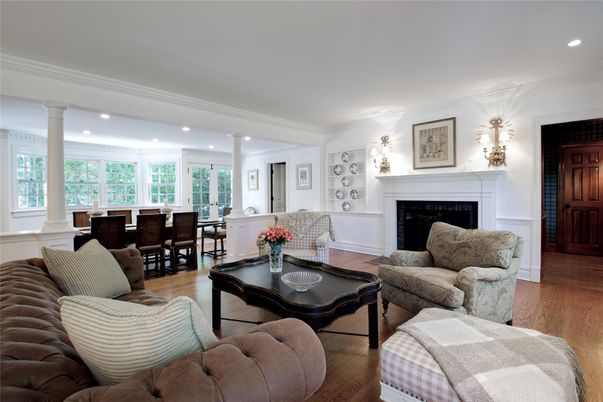 Dining room, Fireplace, Interior, Living room, Recessed Lighting, Wood Texture Flooring