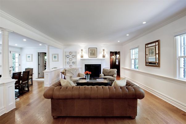 Dining room, Fireplace, Interior, Living room, Recessed Lighting, Wood Texture Flooring