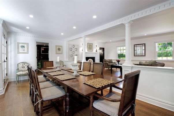 Dining room, Fireplace, Interior, Living room, Recessed Lighting, Wood Texture Flooring