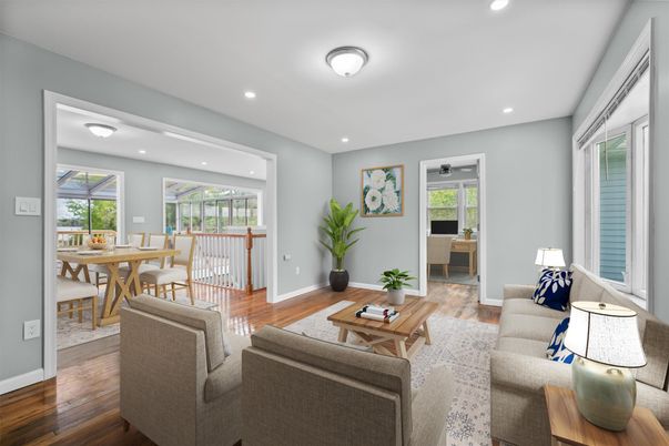 Dining room, Interior, Living room, Recessed Lighting, Wood Texture Flooring