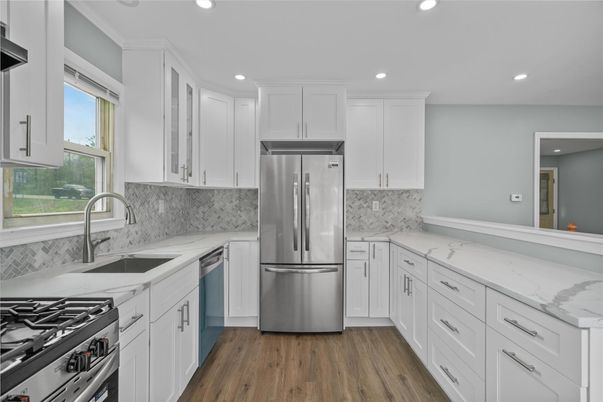 Interior, Kitchen, Recessed Lighting, Stainless Steel Appliances, Wood Texture Flooring