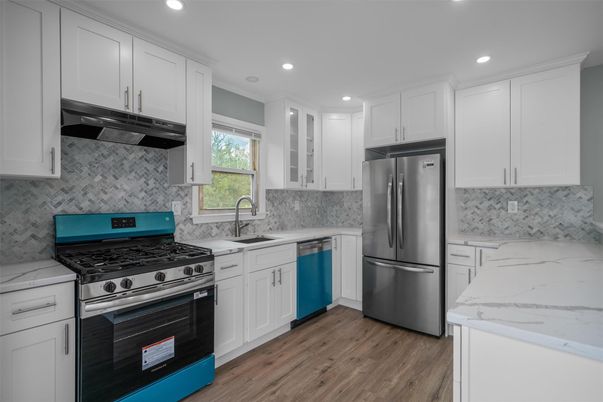 Interior, Kitchen, Recessed Lighting, Stainless Steel Appliances, Wood Texture Flooring