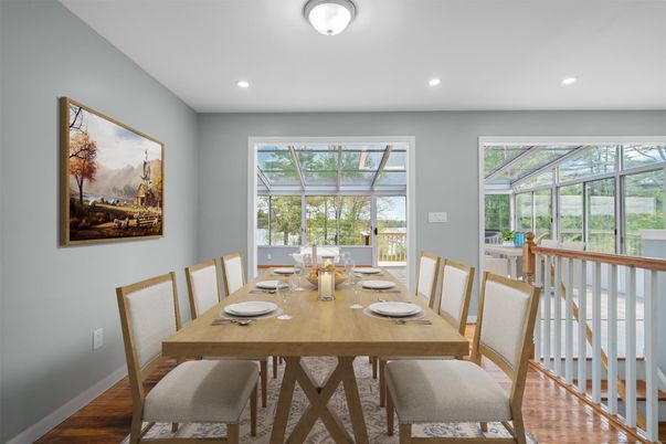 Dining room, Interior, Recessed Lighting, Wood Texture Flooring