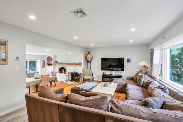 Fireplace, Interior, Living room, Recessed Lighting, Wood Texture Flooring