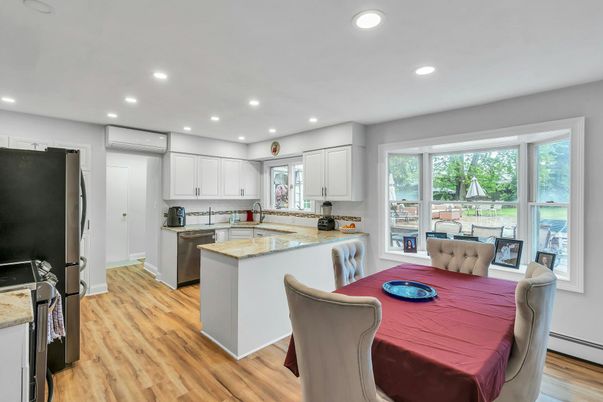 Dining room, Interior, Kitchen, Recessed Lighting, Wood Texture Flooring