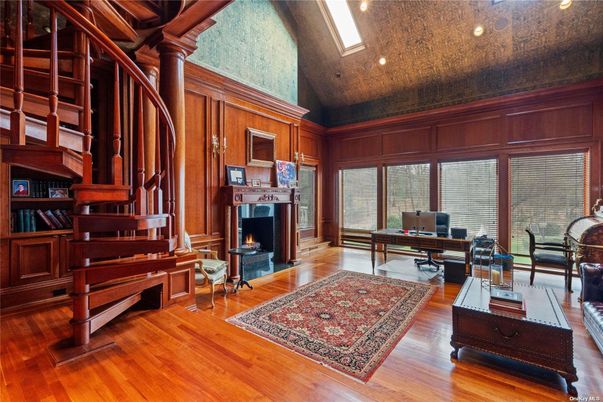 Fireplace, Home Office, Interior, Recessed Lighting, Wood Texture Flooring, Wooden Walls