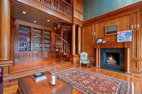 Fireplace, Interior, Recessed Lighting, Wood Texture Flooring, Wooden Walls