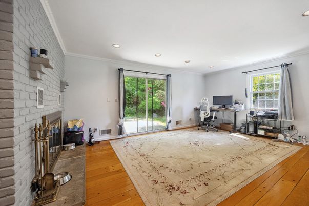 Fireplace, Home Office, Interior, Recessed Lighting, Stone Walls, Wood Texture Flooring