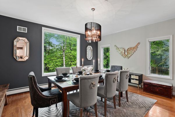 Dining room, Interior, Pendant Lights, Wood Texture Flooring