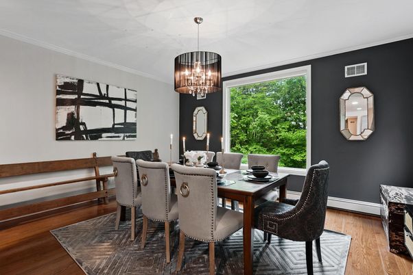 Chandelier, Dining room, Interior, Wood Texture Flooring