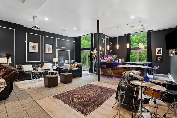Dining room, Game Room, Interior, Living room, Pendant Lights, Recessed Lighting, Wood Texture Flooring
