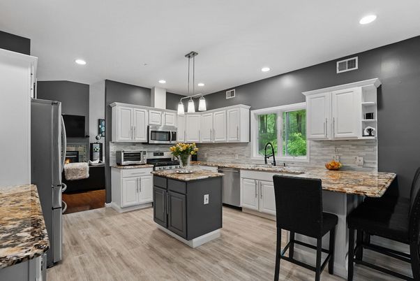 Interior, Kitchen, Pendant Lights, Recessed Lighting, Stainless Steel Appliances, Wood Texture Flooring