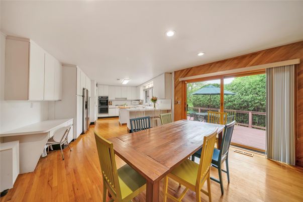 Dining room, Interior, Kitchen, Recessed Lighting, Stainless Steel Appliances, Wood Texture Flooring