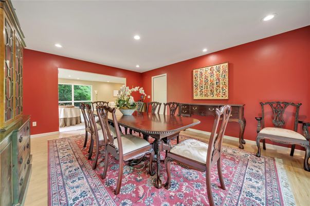 Dining room, Interior, Recessed Lighting, Wood Texture Flooring