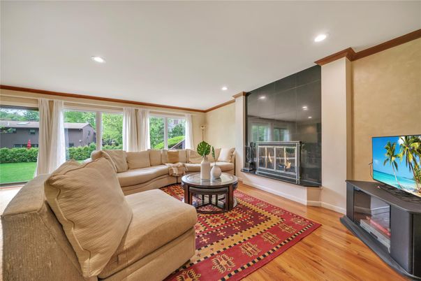 Fireplace, Interior, Living room, Recessed Lighting, Wood Texture Flooring