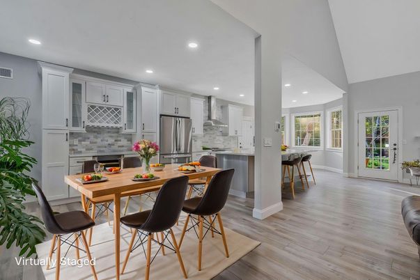 Dining room, Interior, Kitchen, Recessed Lighting, Stainless Steel Appliances, Wood Texture Flooring