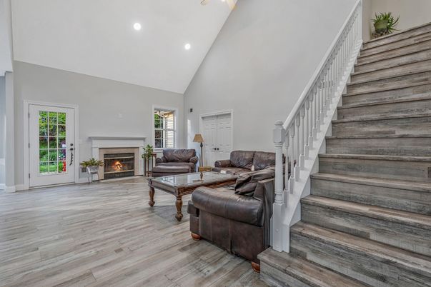 Fireplace, Interior, Living room, Recessed Lighting, Wood Texture Flooring
