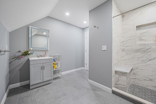 Bathroom, Glass Shower, Interior, Marble Walls, Recessed Lighting