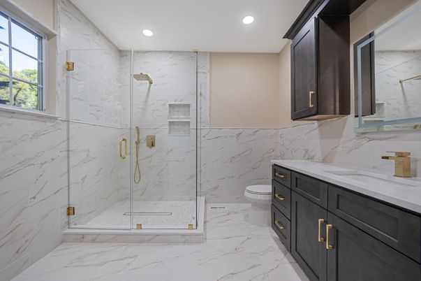 Bathroom, Glass Shower, Interior, Marble, Marble Walls, Recessed Lighting