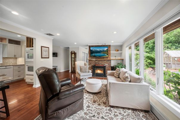 Fireplace, Interior, Kitchen, Living room, Recessed Lighting, Wood Texture Flooring