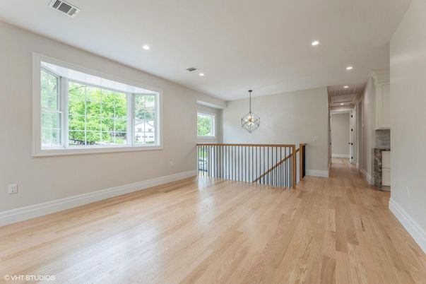 Empty room, Fireplace, Interior, Pendant Lights, Recessed Lighting, Wood Texture Flooring