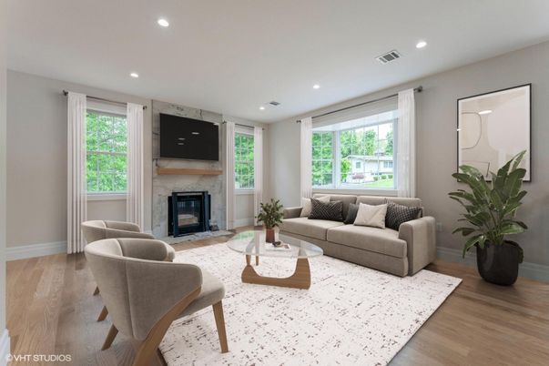 Fireplace, Interior, Living room, Recessed Lighting, Wood Texture Flooring