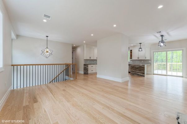 Empty room, Interior, Pendant Lights, Recessed Lighting, Wood Texture Flooring