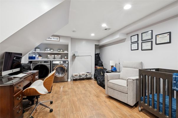 Home Office, Interior, Recessed Lighting, Washer, Wood Texture Flooring