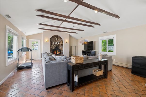 Fireplace, Fitness Equipment, Interior, Living room, Recessed Lighting, Wooden Beams