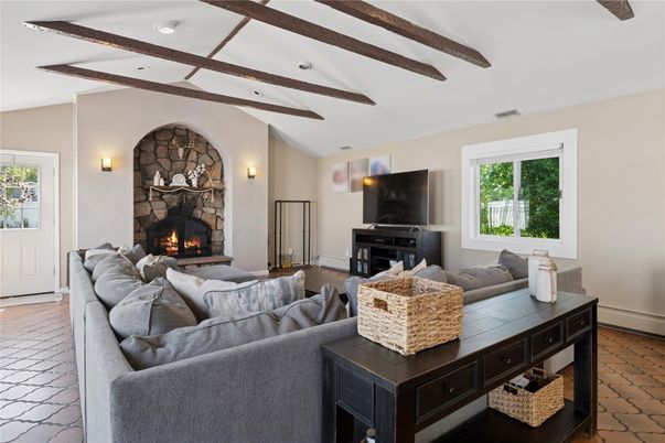 Fireplace, Interior, Living room, Recessed Lighting, Stone Walls, Wooden Beams