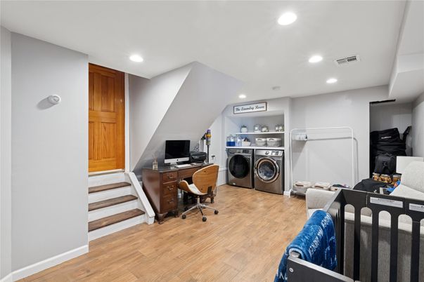 Home Office, Interior, Recessed Lighting, Washer, Wood Texture Flooring