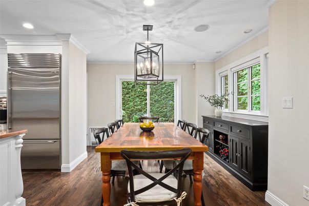 Dining room, Interior, Pendant Lights, Recessed Lighting, Stainless Steel Appliances, Wood Texture Flooring
