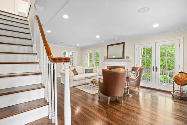 Dining room, Fireplace, Interior, Living room, Recessed Lighting, Wood Texture Flooring