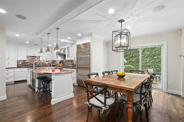 Dining room, Interior, Kitchen, Pendant Lights, Recessed Lighting, Stainless Steel Appliances, Wood Texture Flooring