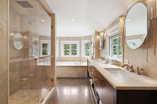 Bathroom, Dual Sink Vanities, Glass Shower, Interior, Recessed Lighting