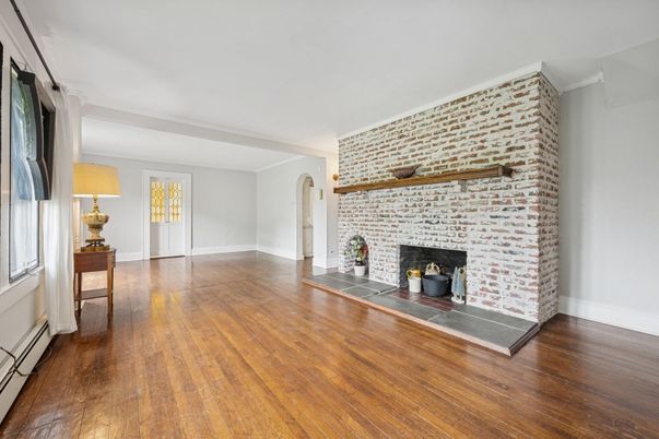 Empty room, Fireplace, Interior, Stone Walls, Wood Texture Flooring