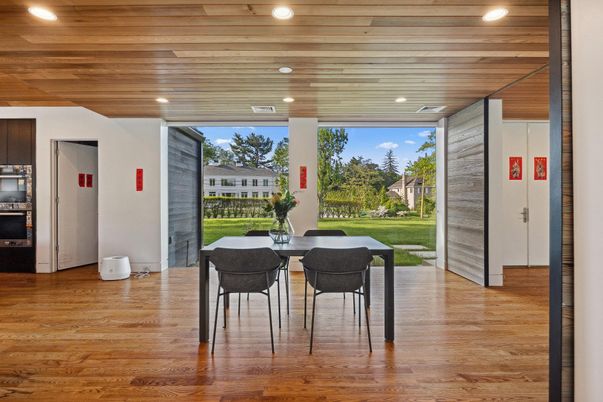 Dining room, Interior, Recessed Lighting, Wooden Ceilings, Wood Texture Flooring