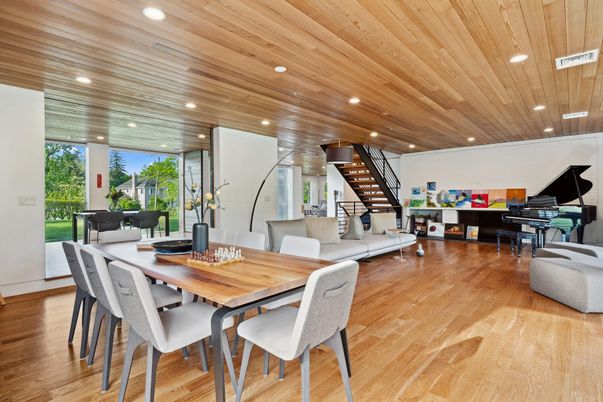 Dining room, Interior, Living room, Piano, Recessed Lighting, Wooden Ceilings, Wood Texture Flooring