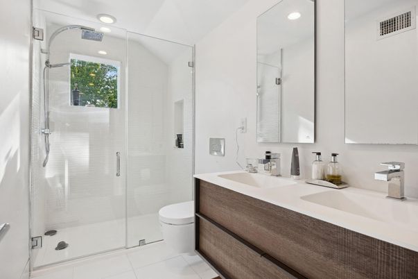 Bathroom, Dual Sink Vanities, Glass Shower, Interior, Recessed Lighting