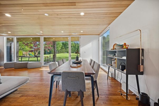 Dining room, Interior, Recessed Lighting, Wooden Ceilings, Wood Texture Flooring
