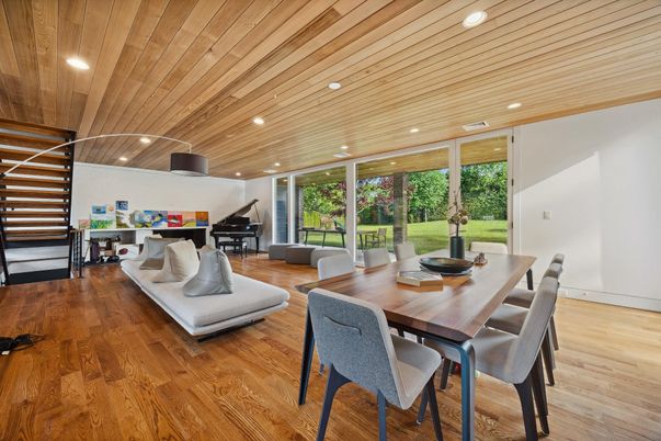Dining room, Interior, Living room, Piano, Recessed Lighting, Wooden Ceilings, Wood Texture Flooring