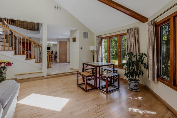 Dining room, Interior, Recessed Lighting, Wooden Beams, Wood Texture Flooring