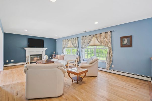 Fireplace, Interior, Living room, Recessed Lighting, Wood Texture Flooring