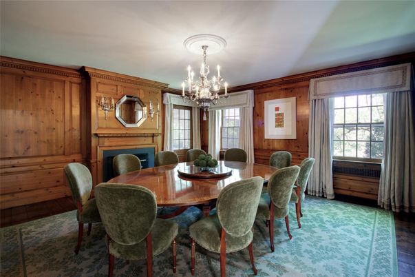 Chandelier, Dining room, Fireplace, Interior, Wood Texture Flooring, Wooden Walls