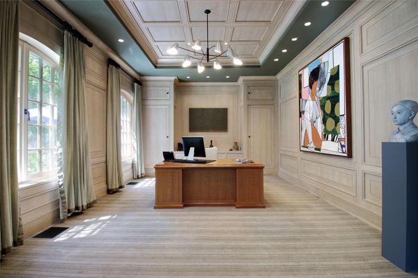 Home Office, Interior, Pendant Lights, Recessed Lighting, Wooden Walls